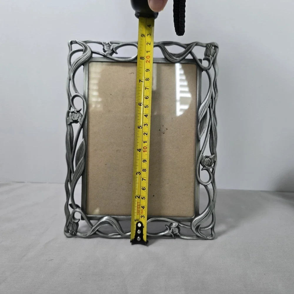 Vintage Ornate Photo Picture Frame Pewter Art Nouveau Floral Bud Vine 5